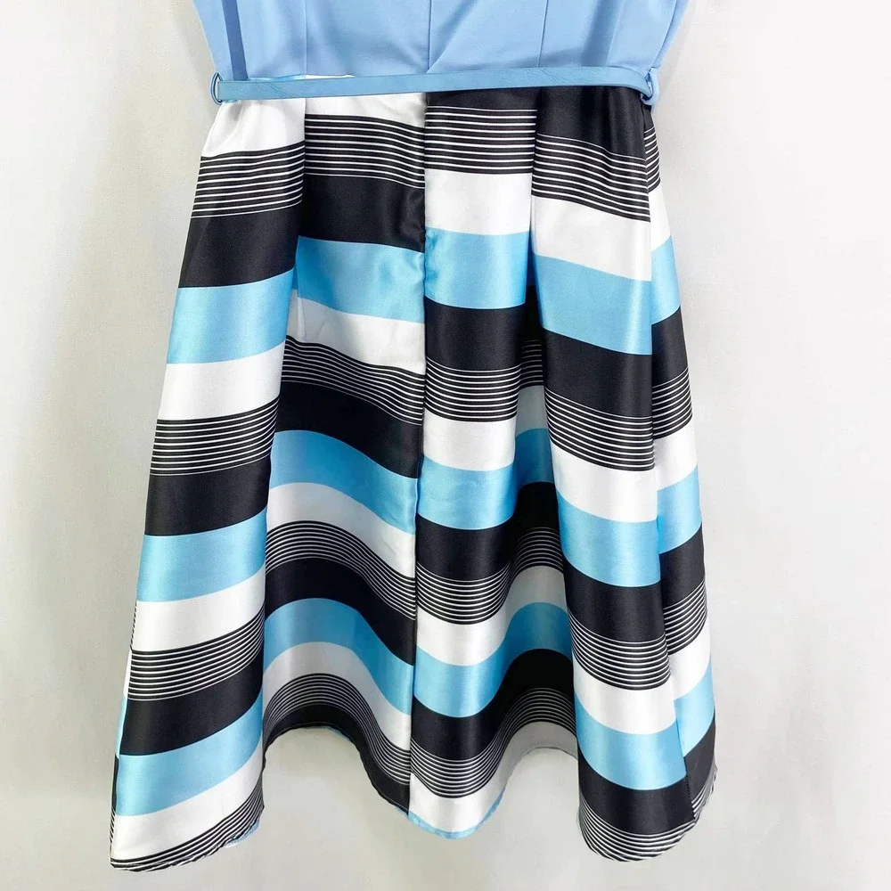 FASHION LINE Vintage 90s Blue Striped Off Shoulder V-Neck Midi Dress - Picture 5 of 8